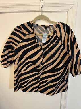 Ann Taylor Black and Beige Zebra-Stripe Button Front Blouse NWT
